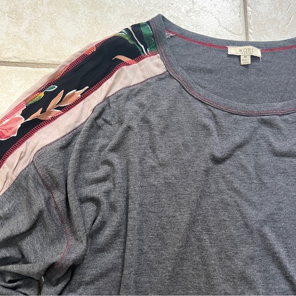 Kori America Long Sleeve Grey Top w/ Patterned Sleeves - Picture 5 of 11